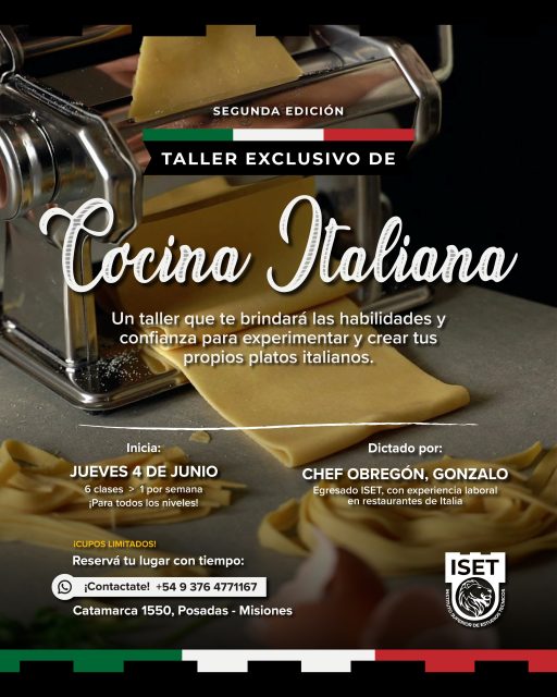 🇮🇹 ¡Llega la 2ª edición del Taller de Cocina Italiana! 🇮🇹

Una propuesta ideal para principiantes y amantes de la cocina que quieran aprender, experimentar y crear platos italianos con el verdadero espíritu de la mesa compartida: aromas, tradición, comida de la nonna y respeto por el producto 🍝

📅 Inicio: jueves 4 de junio
⏰ Horario: 17:30 a 20:30 hs
📍 Duración: 6 clases, una vez por semana
✅ Insumos incluidos
🎓 Con certificado
👥 Cupos limitados: solo 16 personas

📲 Para más información e inscripción, escribinos por WhatsApp al 3764 771167.
📌 Estamos en Catamarca 1550, Posadas. Atendemos de lunes a viernes, de 8:00 a 20:00 hs.

¡Todavía estás a tiempo de inscribirte! Te esperamos 🦁